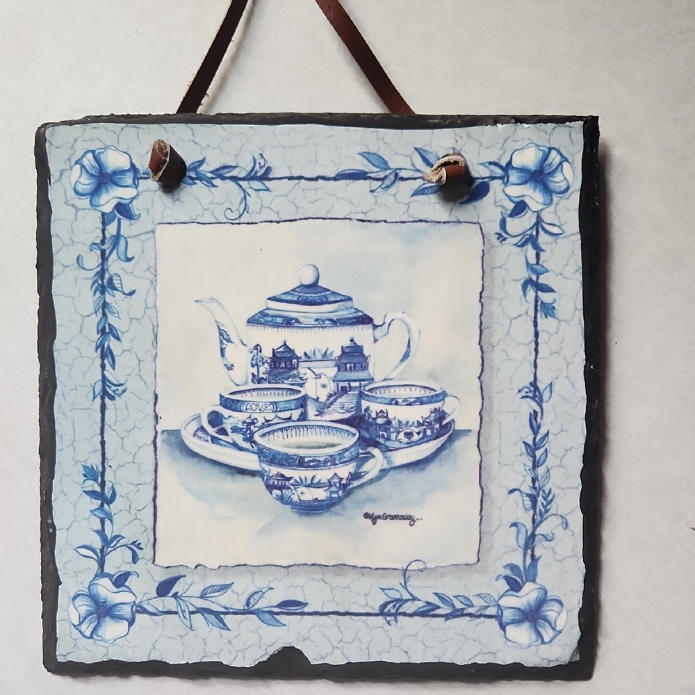 Charming Blue and White Teapot Art on Slate